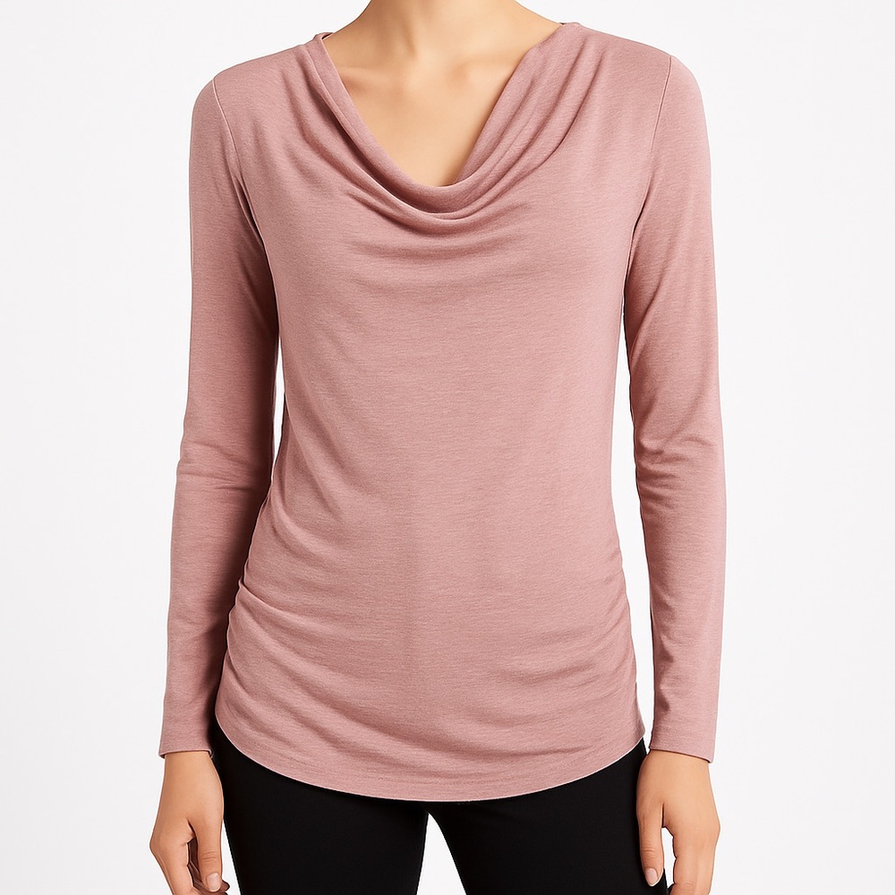 Banana Republic Drape Neck Long Sleeve Top L Mauve Ruched Sides